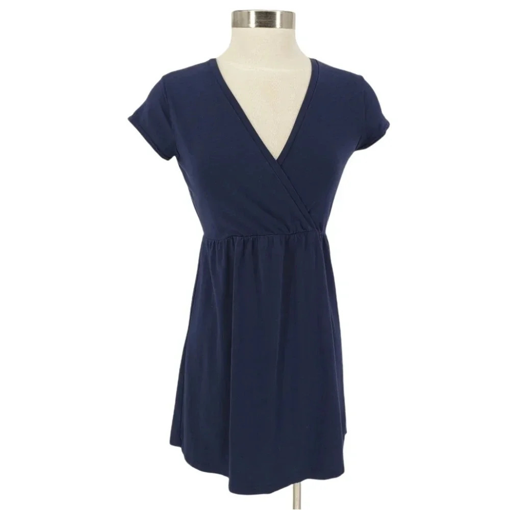 Garnet Hill Tunic Shirt Dress Navy Blue Short Sleeve V Neck Top